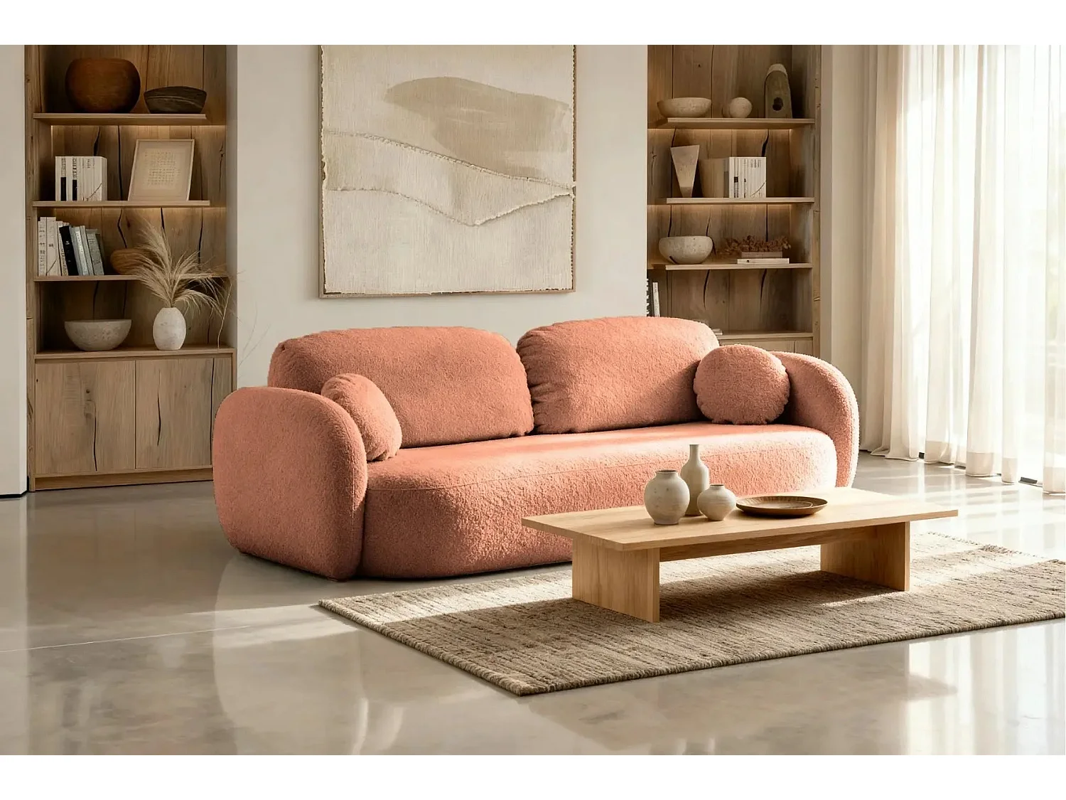 SANTIAGO - Canapé droit tissu bouclette 3 places - Terracotta