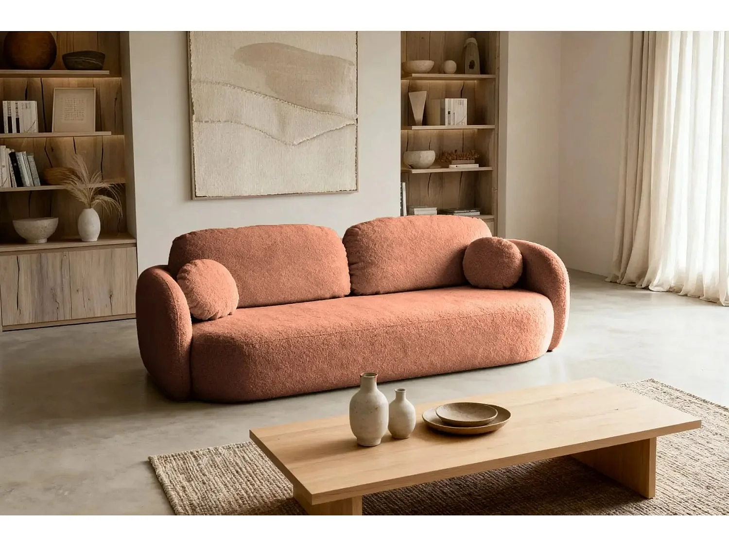 SANTIAGO - Canapé droit tissu bouclette 3 places - Terracotta