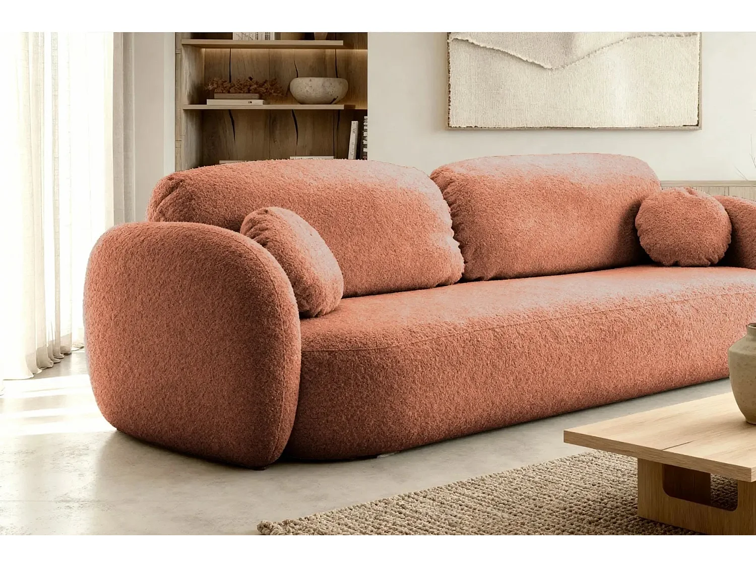 SANTIAGO - Canapé droit tissu bouclette 3 places - Terracotta