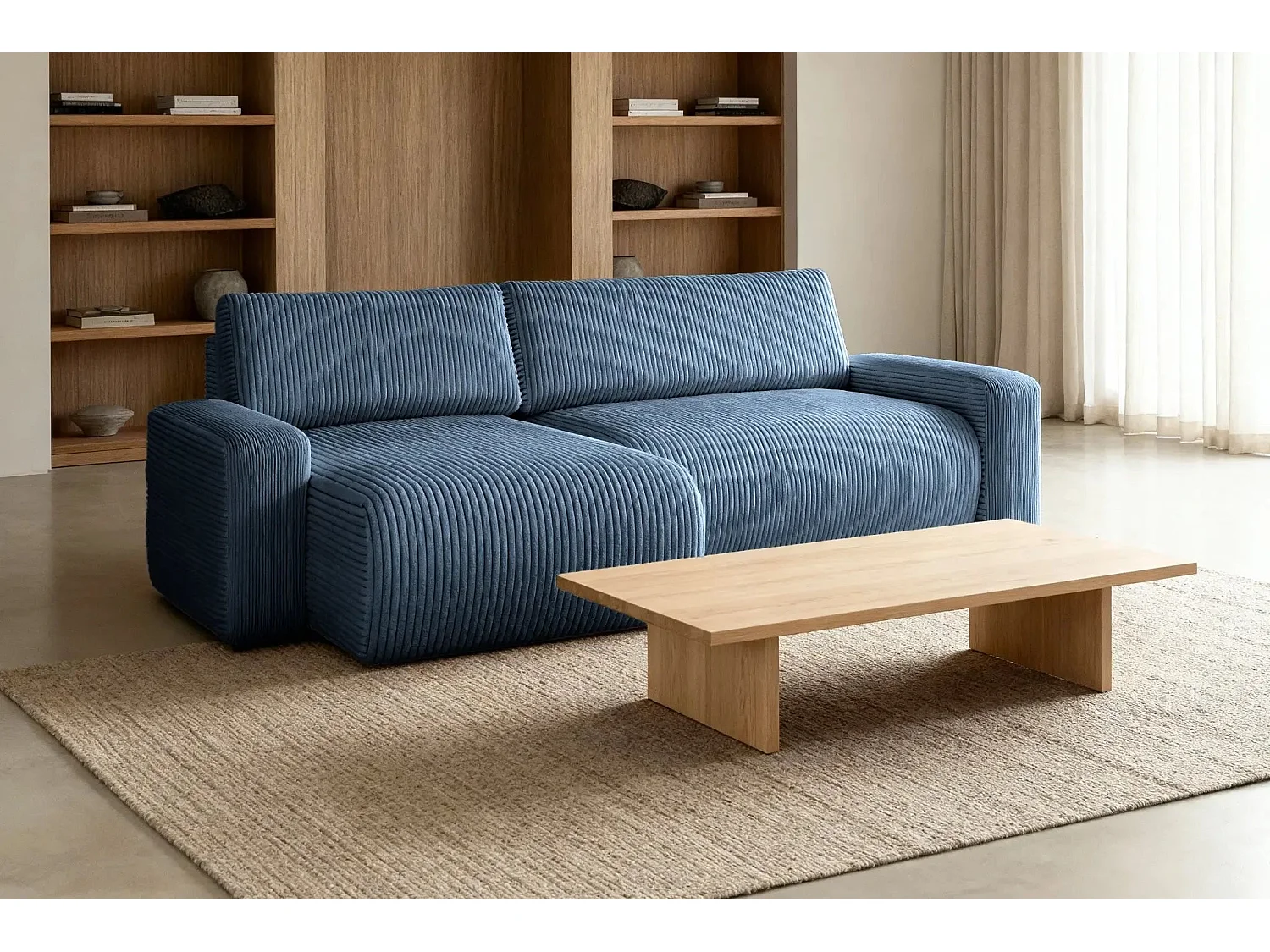 LUCIE - Canapé d'angle velours cotelé 4 places - Bleu