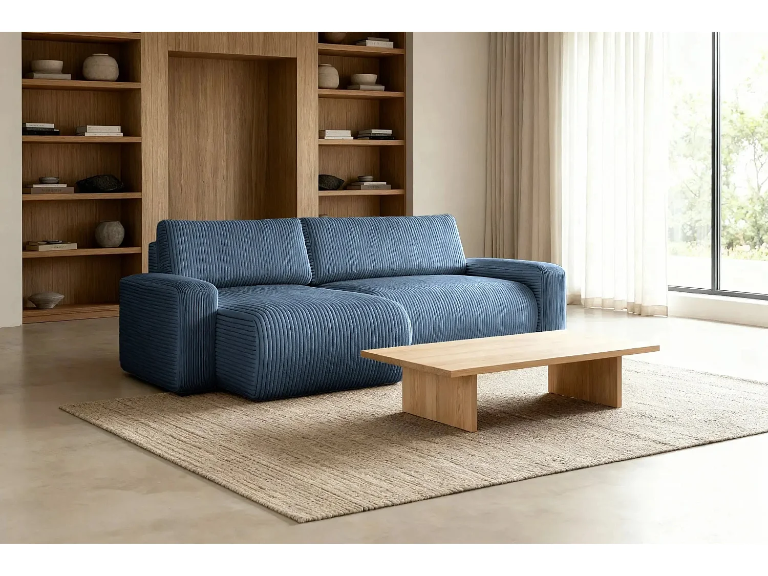 LUCIE - Canapé d'angle velours cotelé 4 places - Bleu