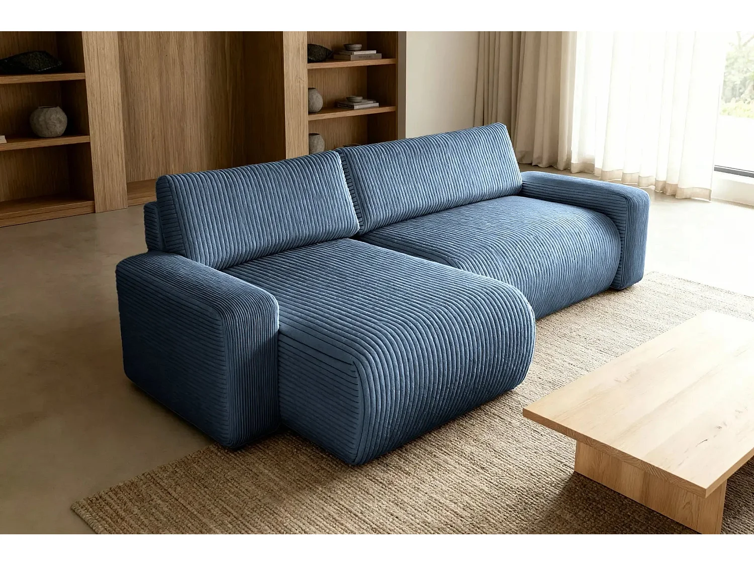 LUCIE - Canapé d'angle velours cotelé 4 places - Bleu