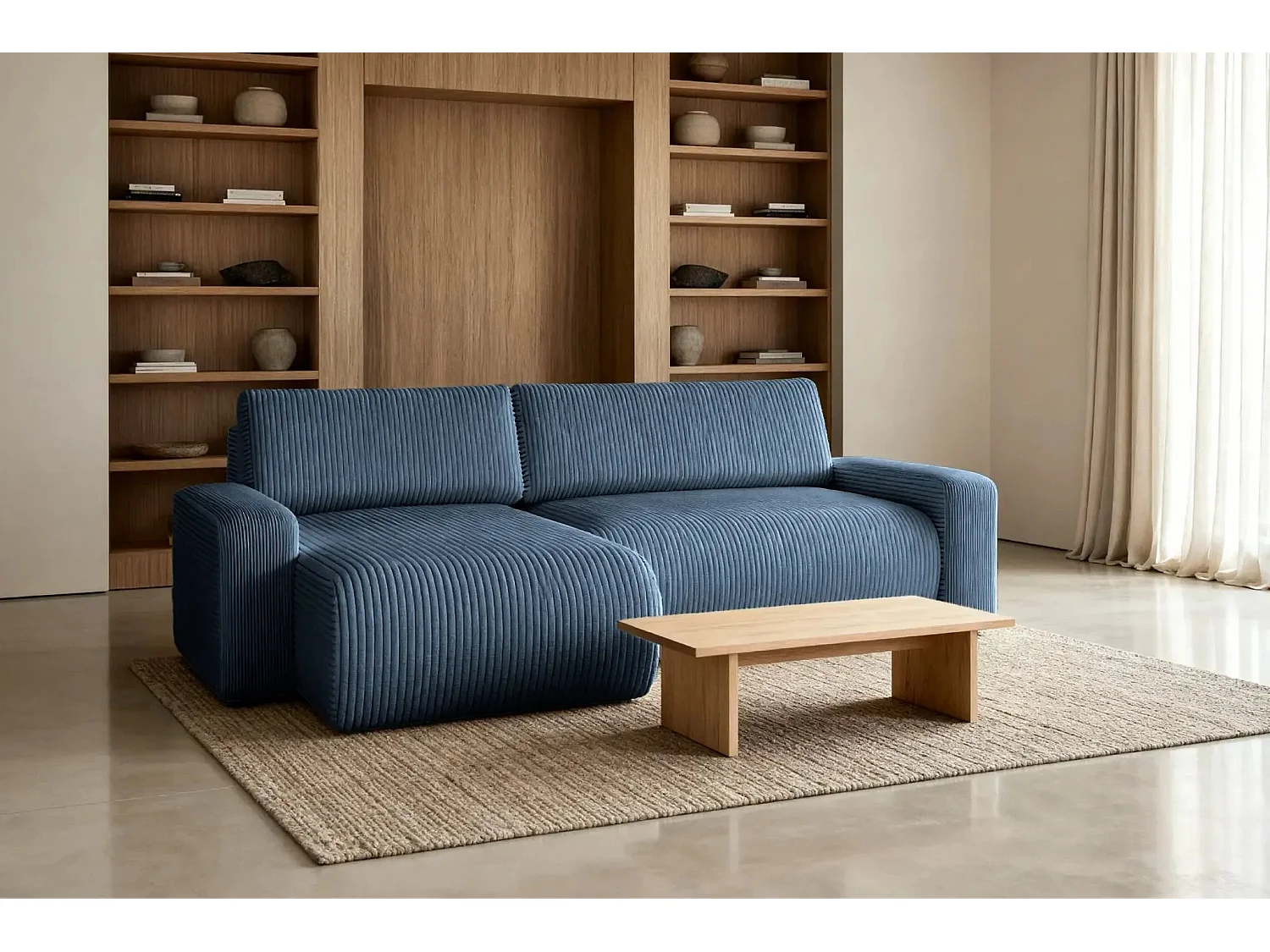 LUCIE - Canapé d'angle velours cotelé 4 places - Bleu