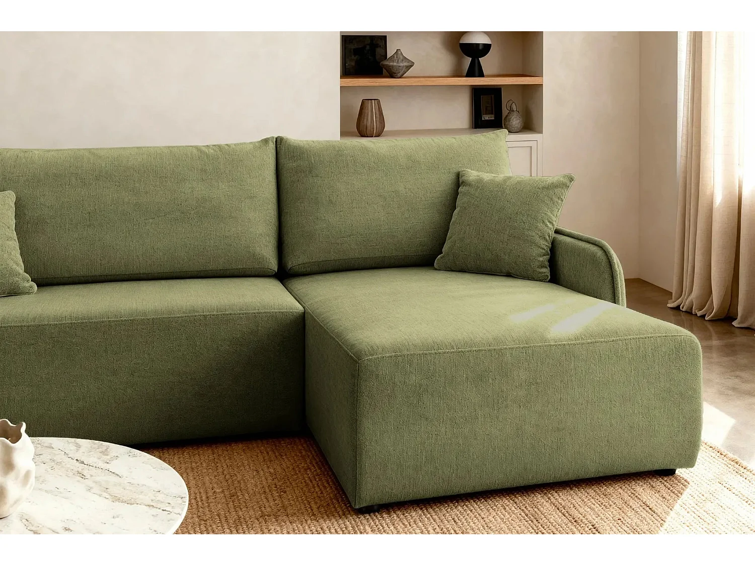 SACHA - Canapé d'angle tissu chiné - Vert - Droit