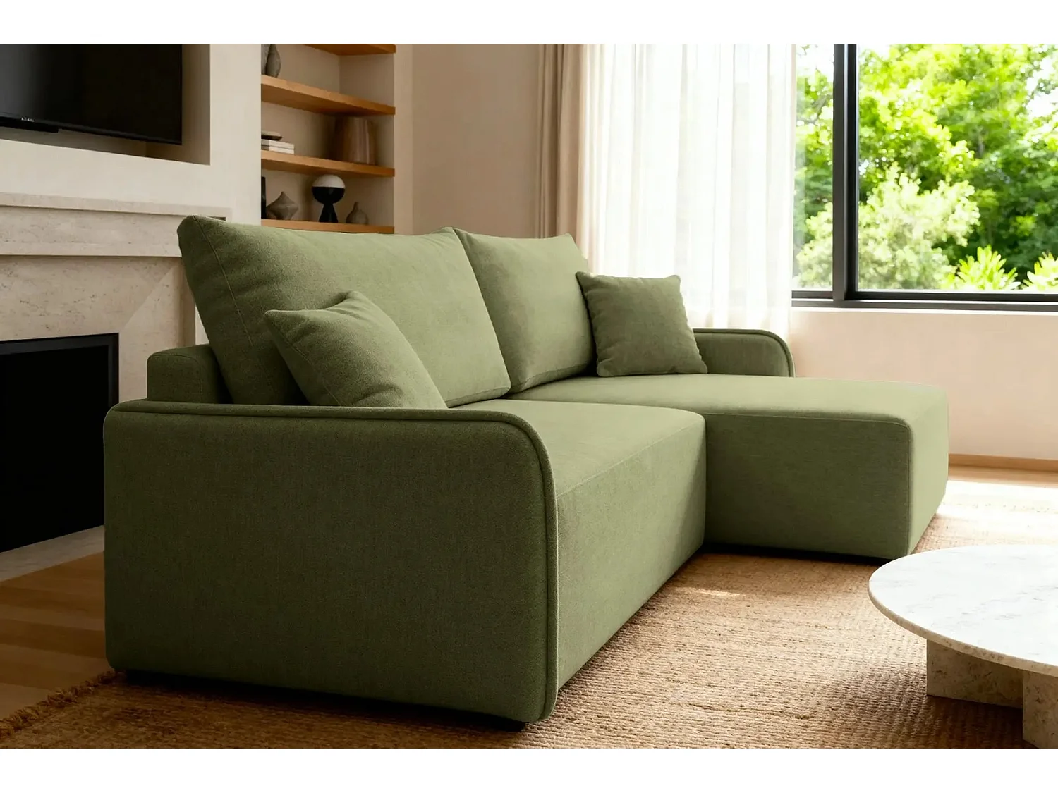 SACHA - Canapé d'angle tissu chiné 4 places - Vert - Droit