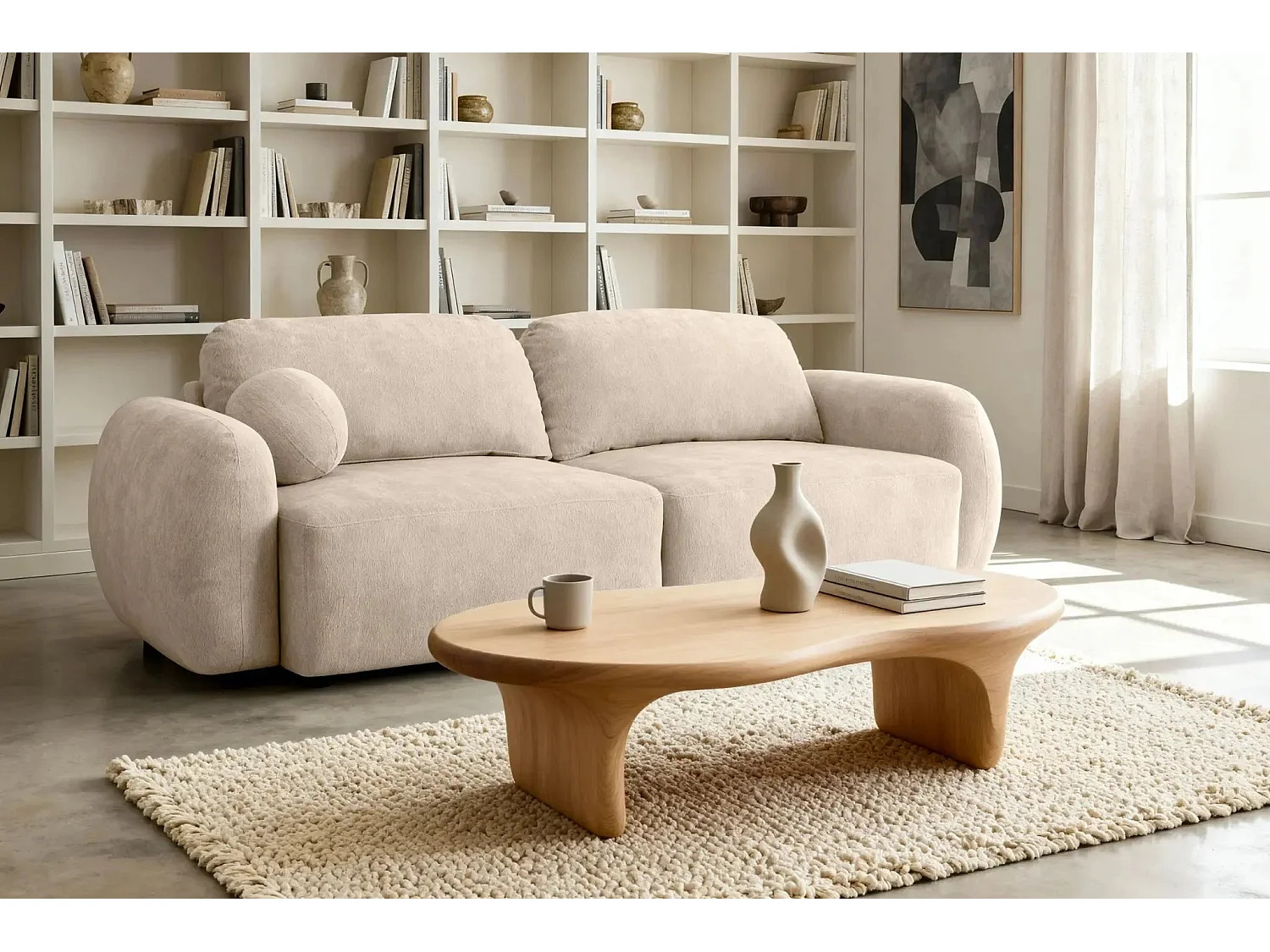 MARTIN - Canapé droit tissu chiné - Beige