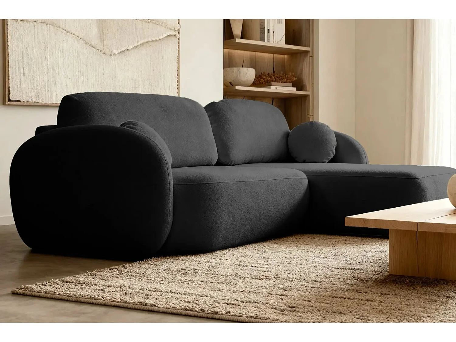 SANTIAGO - Canapé d'angle tissu bouclette 4 places - Noir - Droit