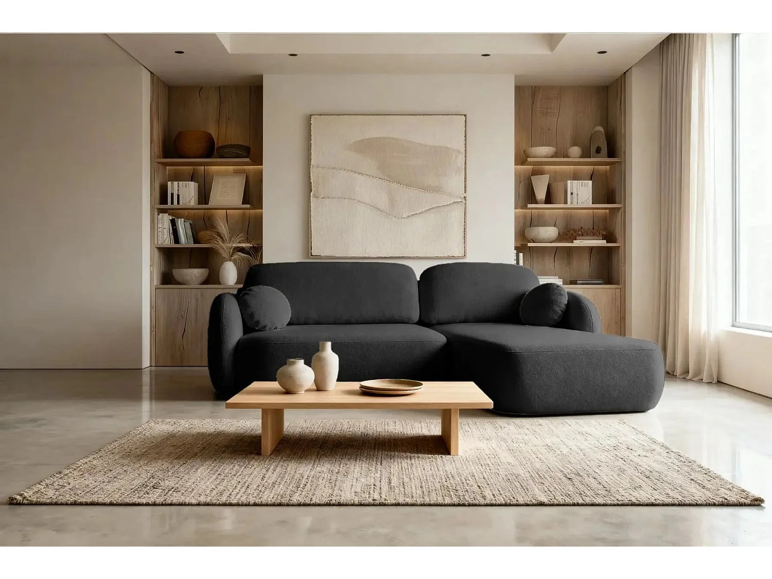 SANTIAGO - Canapé d'angle tissu bouclette 4 places - Noir - Droit