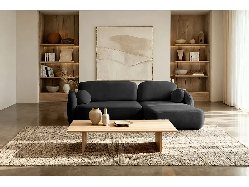 SANTIAGO - Canapé d'angle tissu bouclette 4 places - Noir - Droit