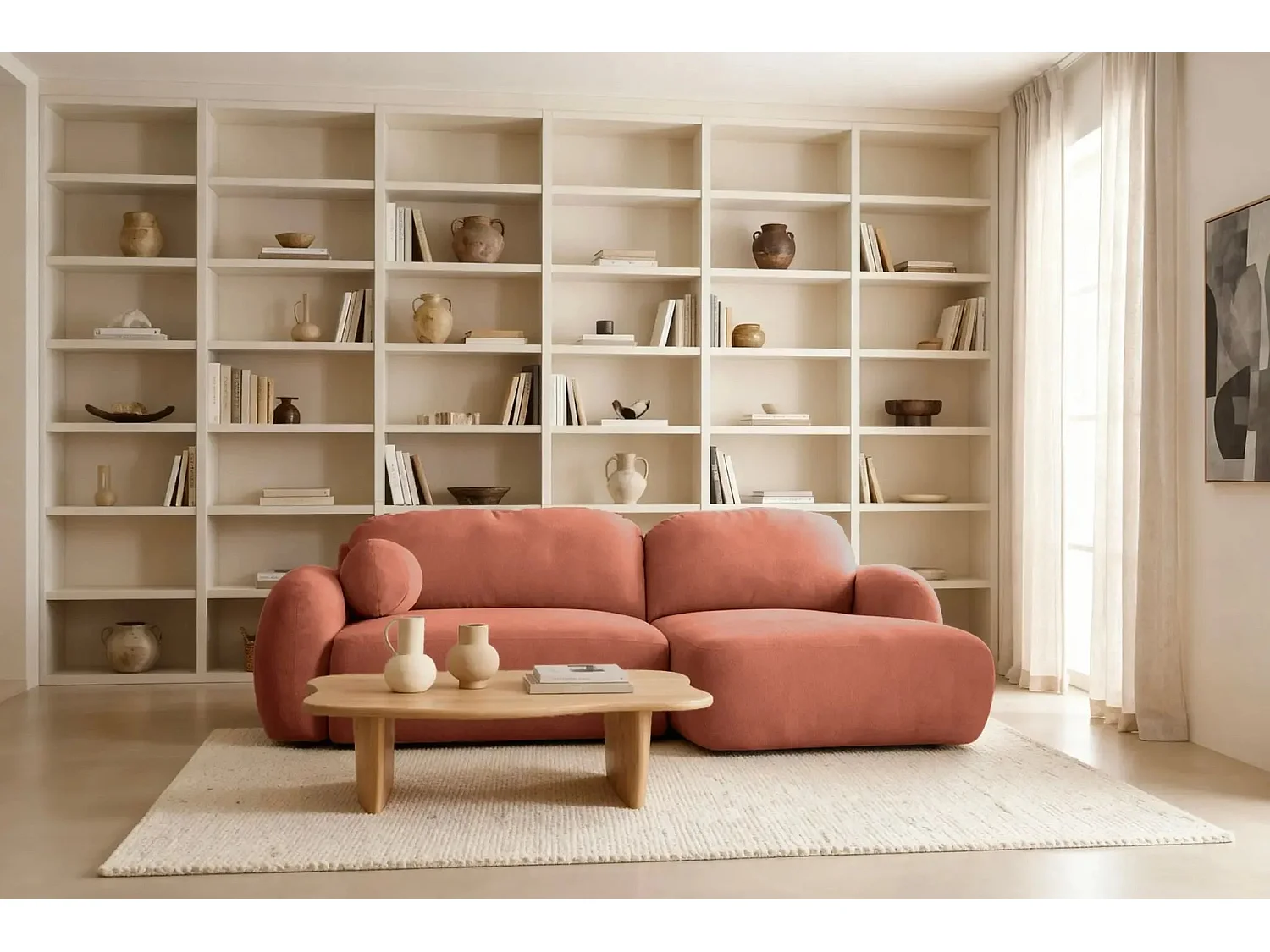 MARTIN - Canapé d'angle 3 places  tissu chenille - Terracotta - Droit