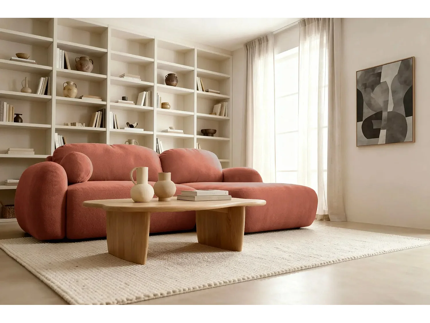 MARTIN - Canapé d'angle 3 places  tissu chenille - Terracotta - Droit