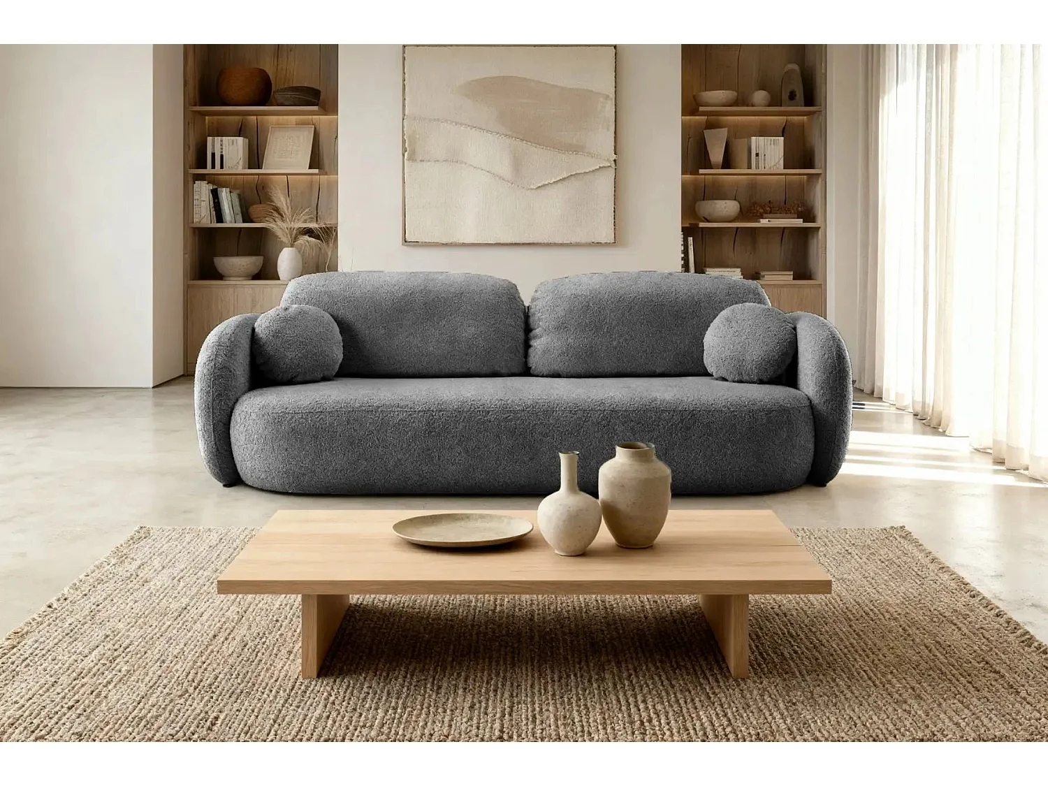 SANTIAGO - Canapé droit tissu bouclette - Gris Foncé