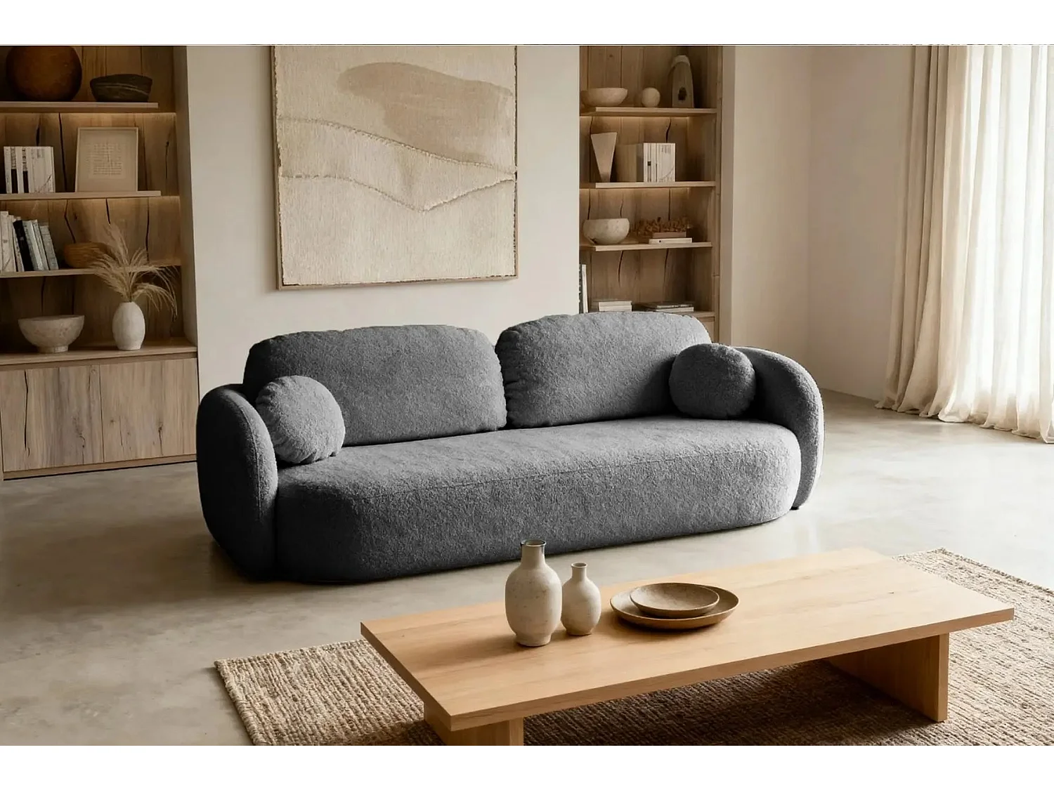 SANTIAGO - Canapé droit tissu bouclette - Gris Foncé