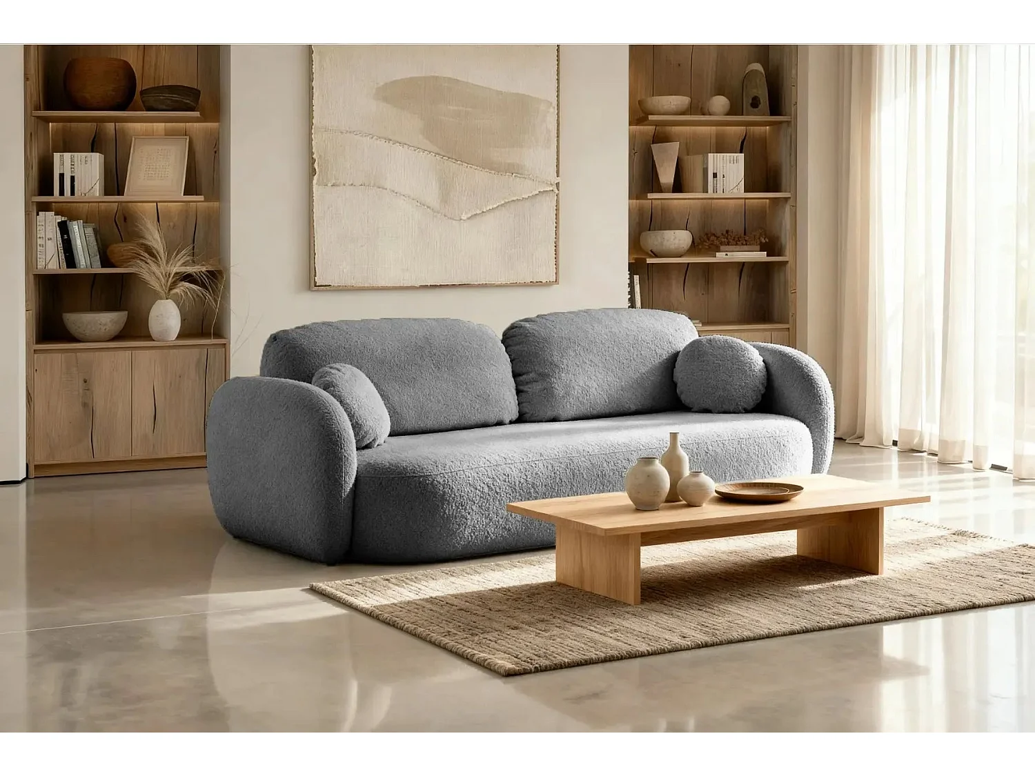 SANTIAGO - Canapé droit tissu bouclette 3 places - Gris Foncé