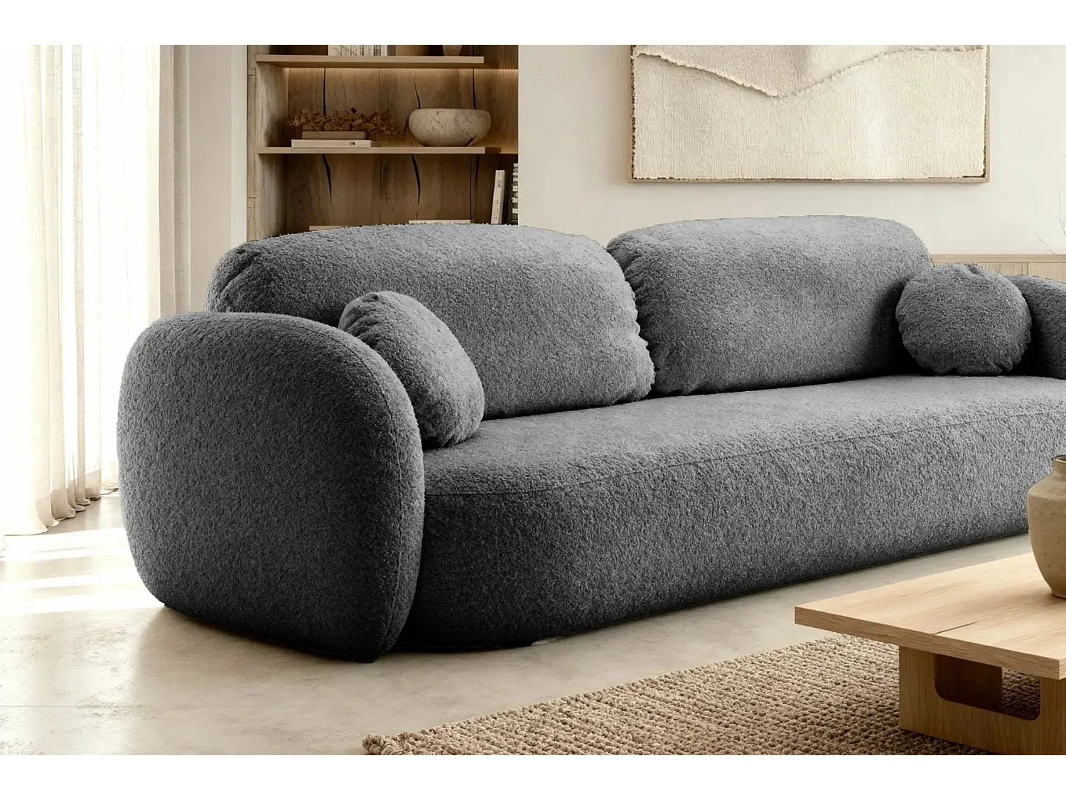 SANTIAGO - Canapé droit tissu bouclette 3 places - Gris Foncé