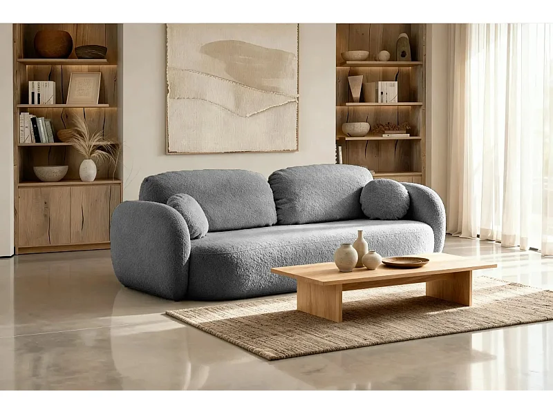 SANTIAGO - Canapé droit tissu bouclette 3 places - Gris Foncé