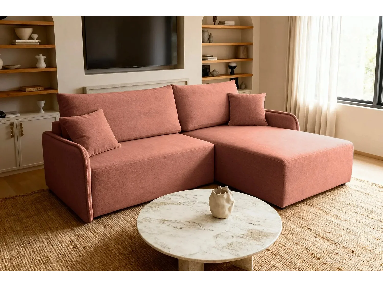 SACHA - Canapé d'angle tissu chiné - Terracotta - Droit