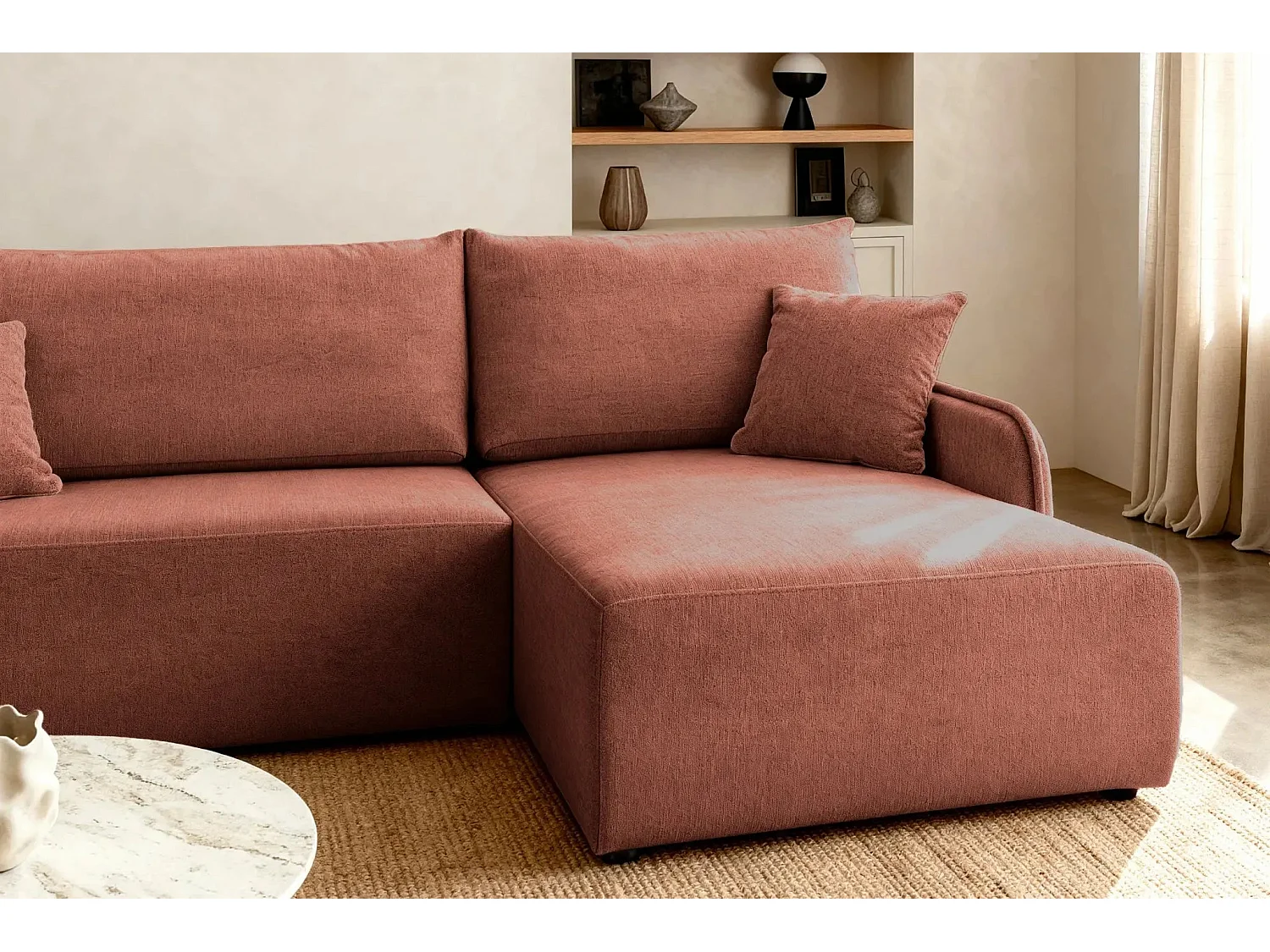 SACHA - Canapé d'angle tissu chiné 4 places - Terracotta - Droit