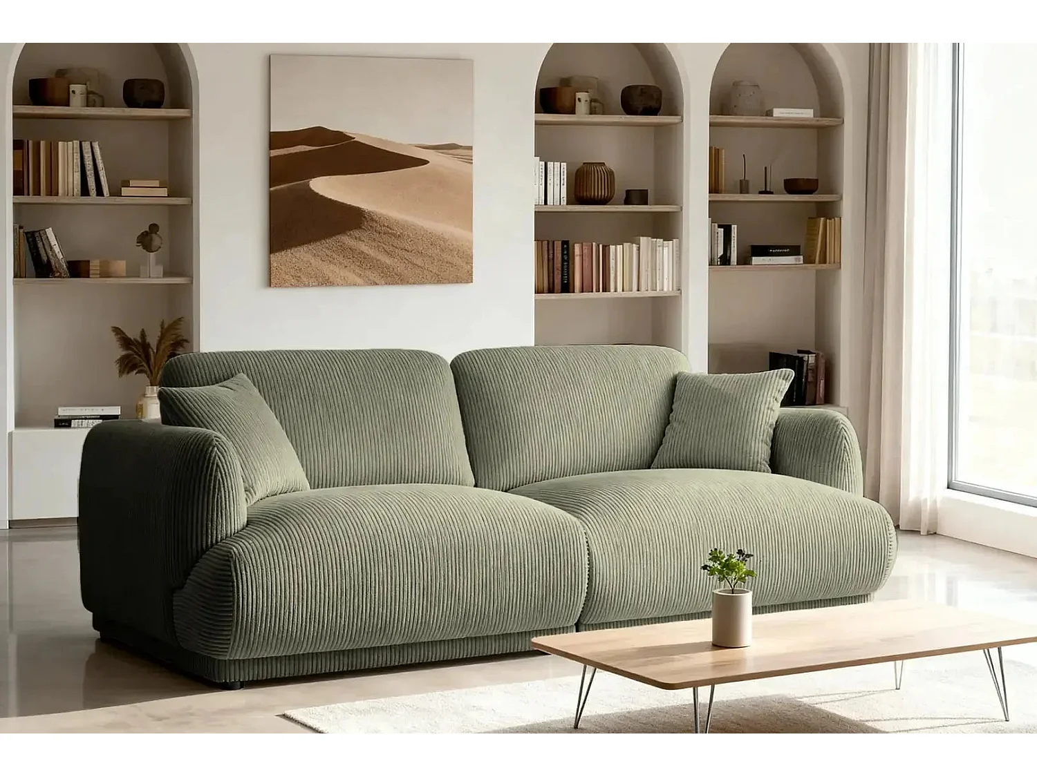 ROSALIE - Canapé droit 2 places velours cotelé - Vert