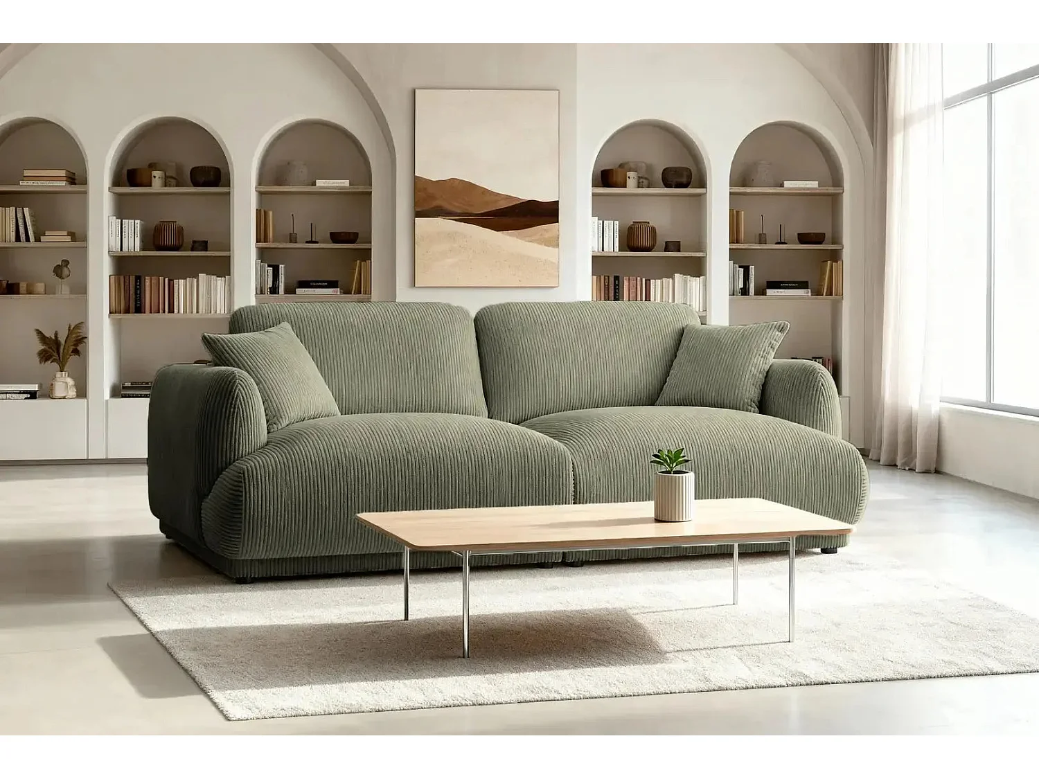 ROSALIE - Canapé droit 2 places velours cotelé 2 places - Vert