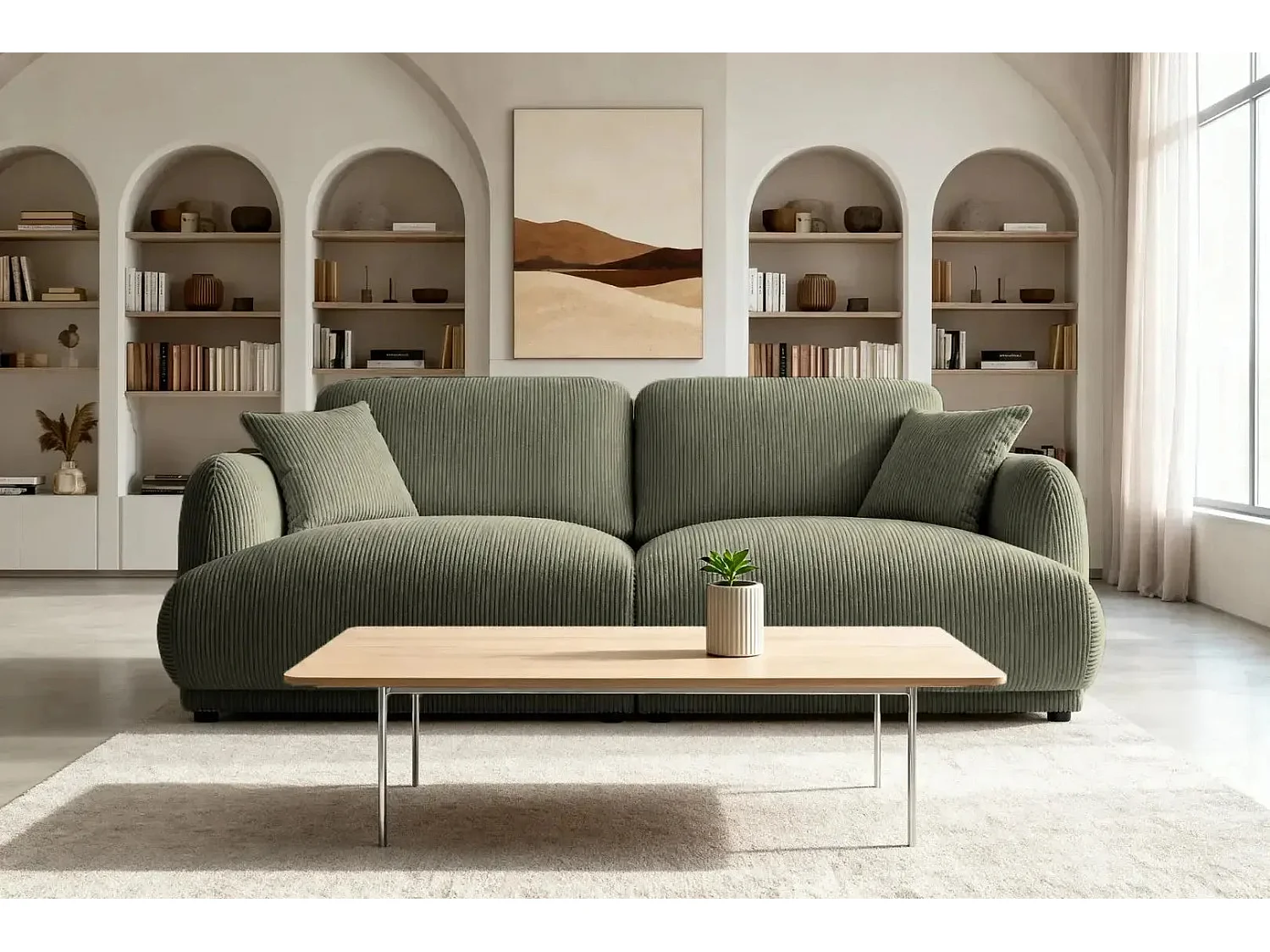 ROSALIE - Canapé droit 2 places velours cotelé 2 places - Vert