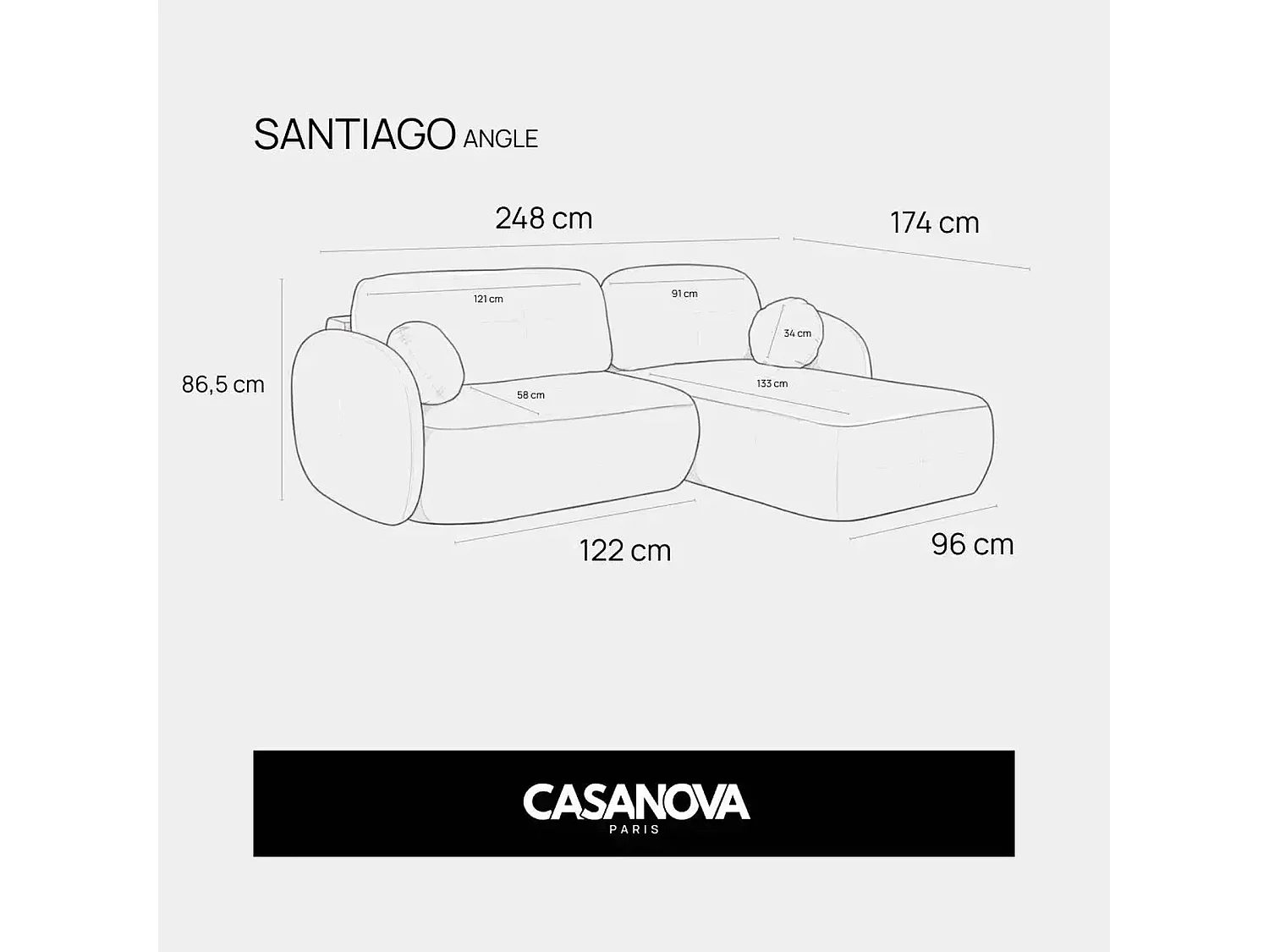 SANTIAGO - Canapé d'angle tissu bouclette 4 places Gris Clair Droit