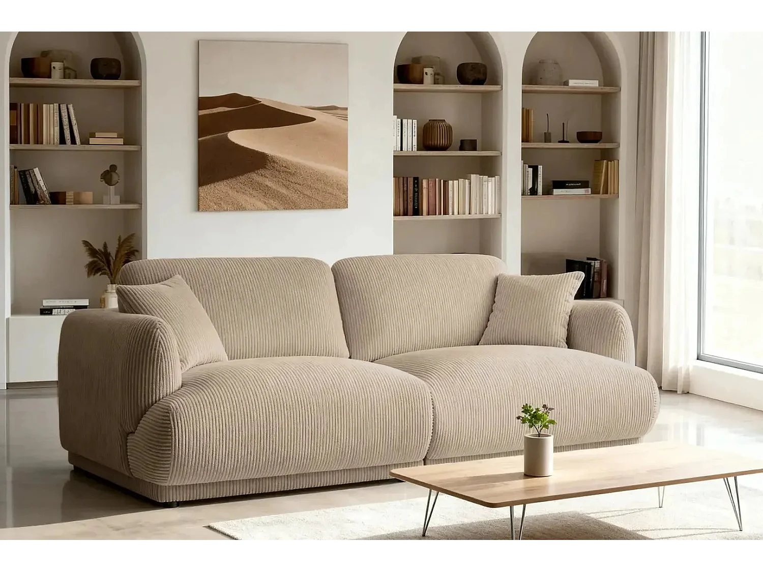 ROSALIE - Canapé droit 2 places velours cotelé 2 places - Café