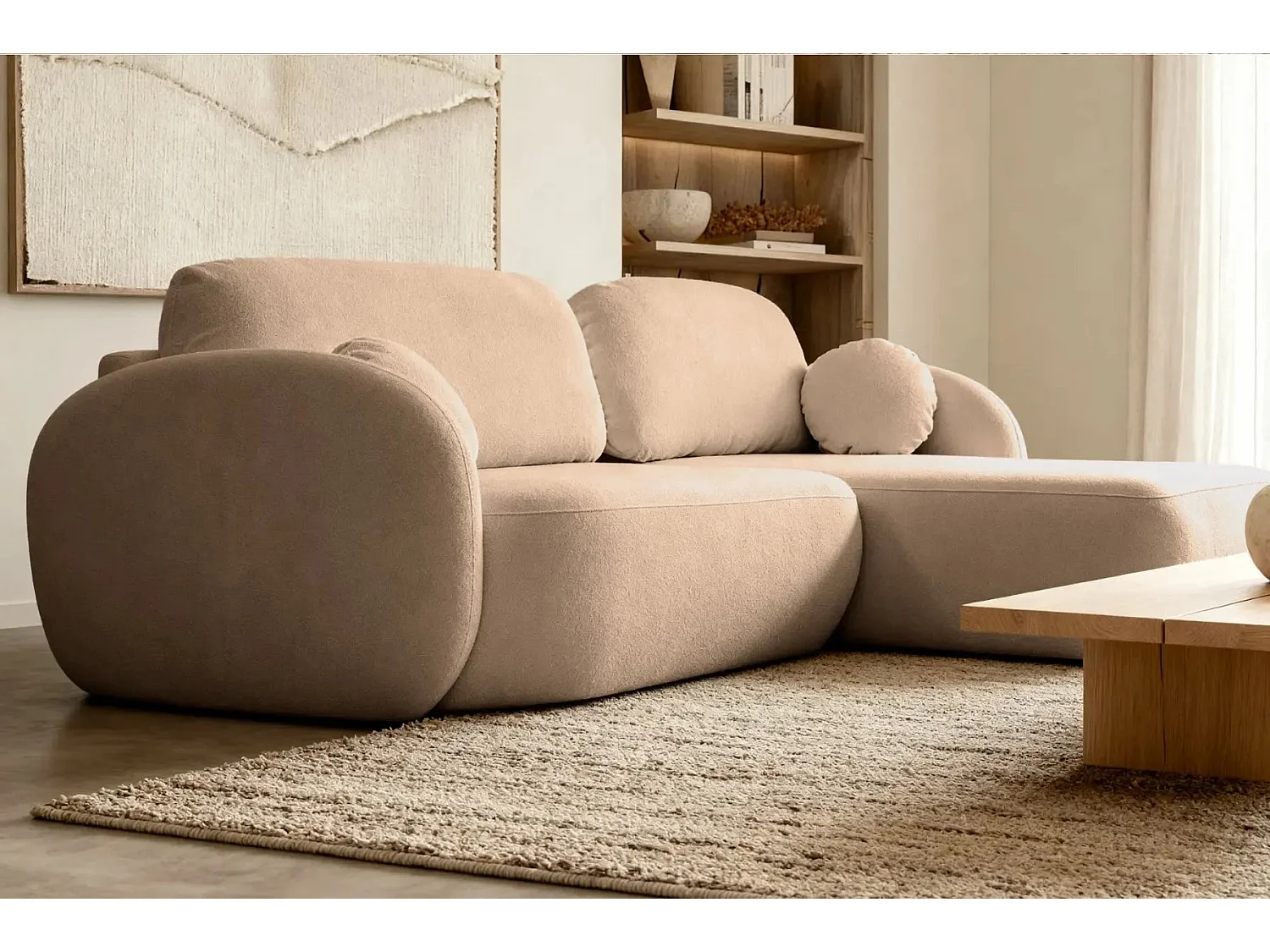 SANTIAGO - Canapé d'angle tissu bouclette - Café - Droit