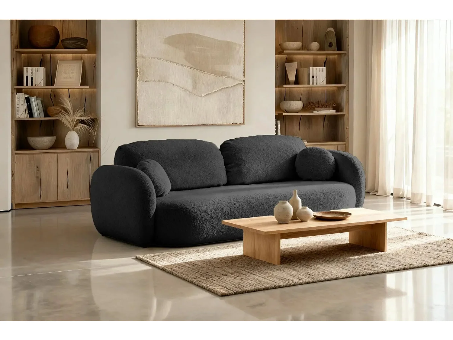 SANTIAGO - Canapé droit tissu bouclette - Noir