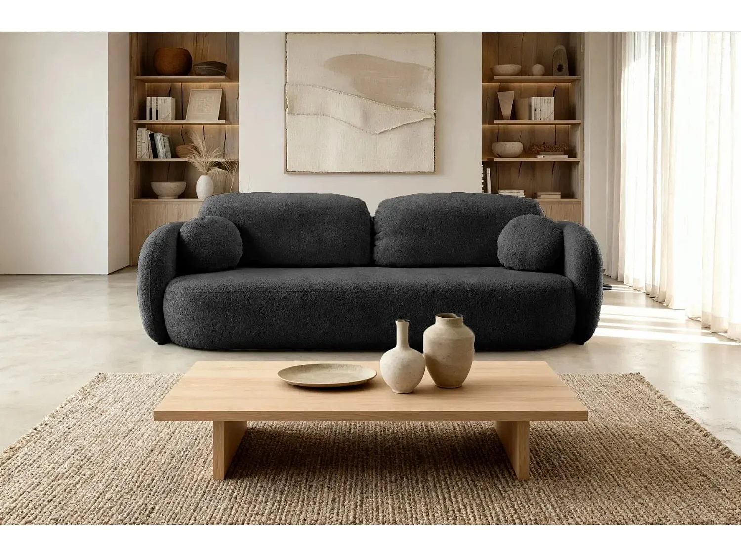 SANTIAGO - Canapé droit tissu bouclette 3 places - Noir