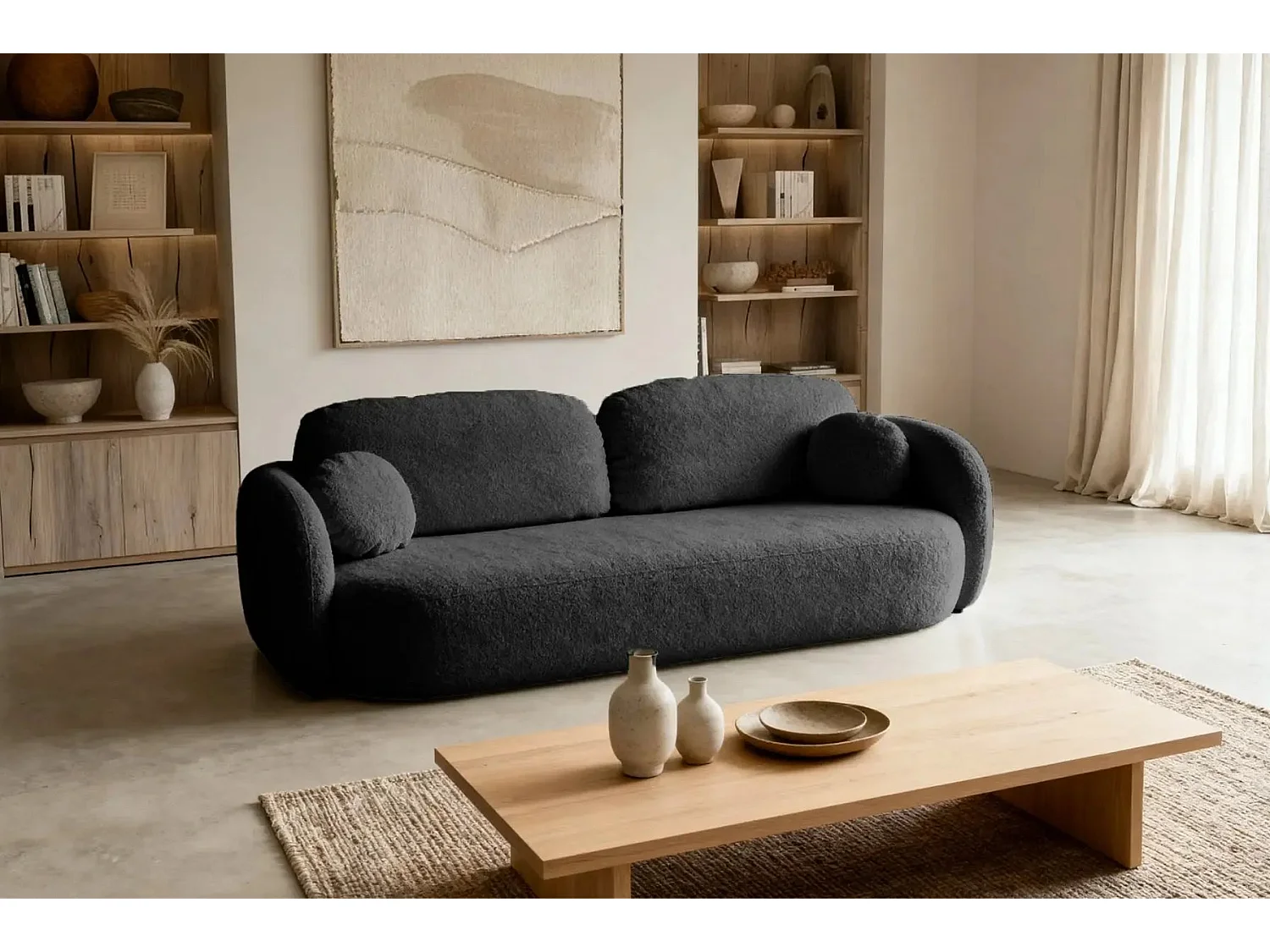 SANTIAGO - Canapé droit tissu bouclette 3 places - Noir