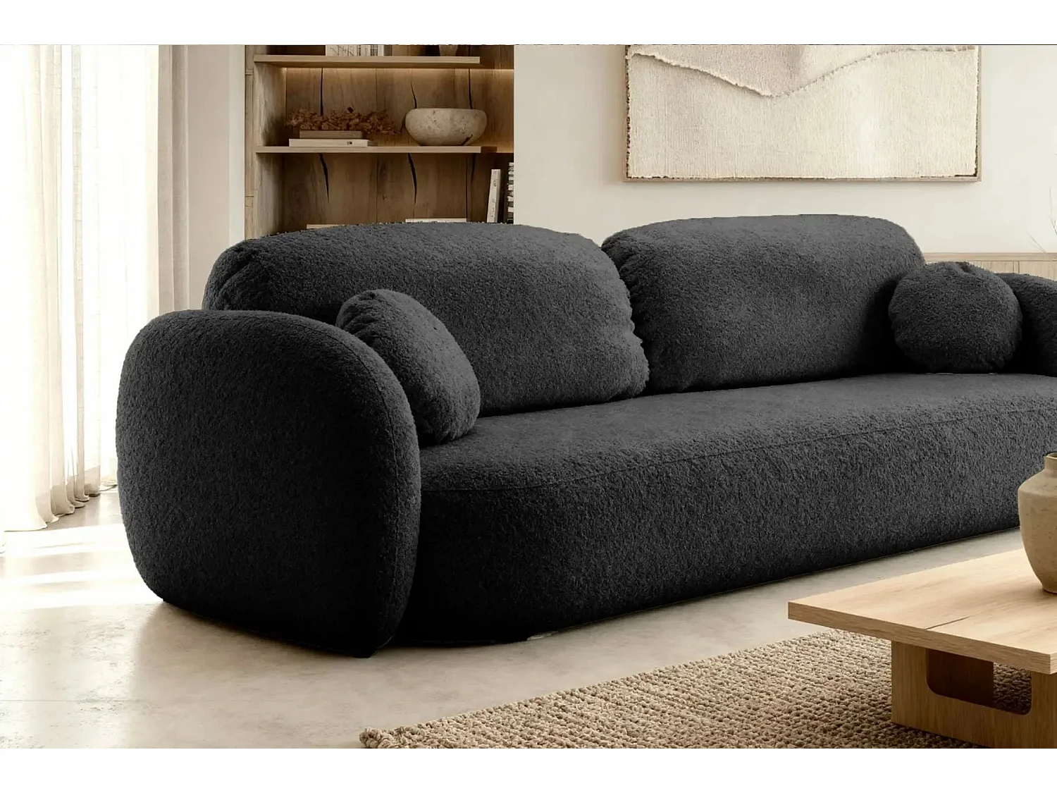 SANTIAGO - Canapé droit tissu bouclette 3 places - Noir