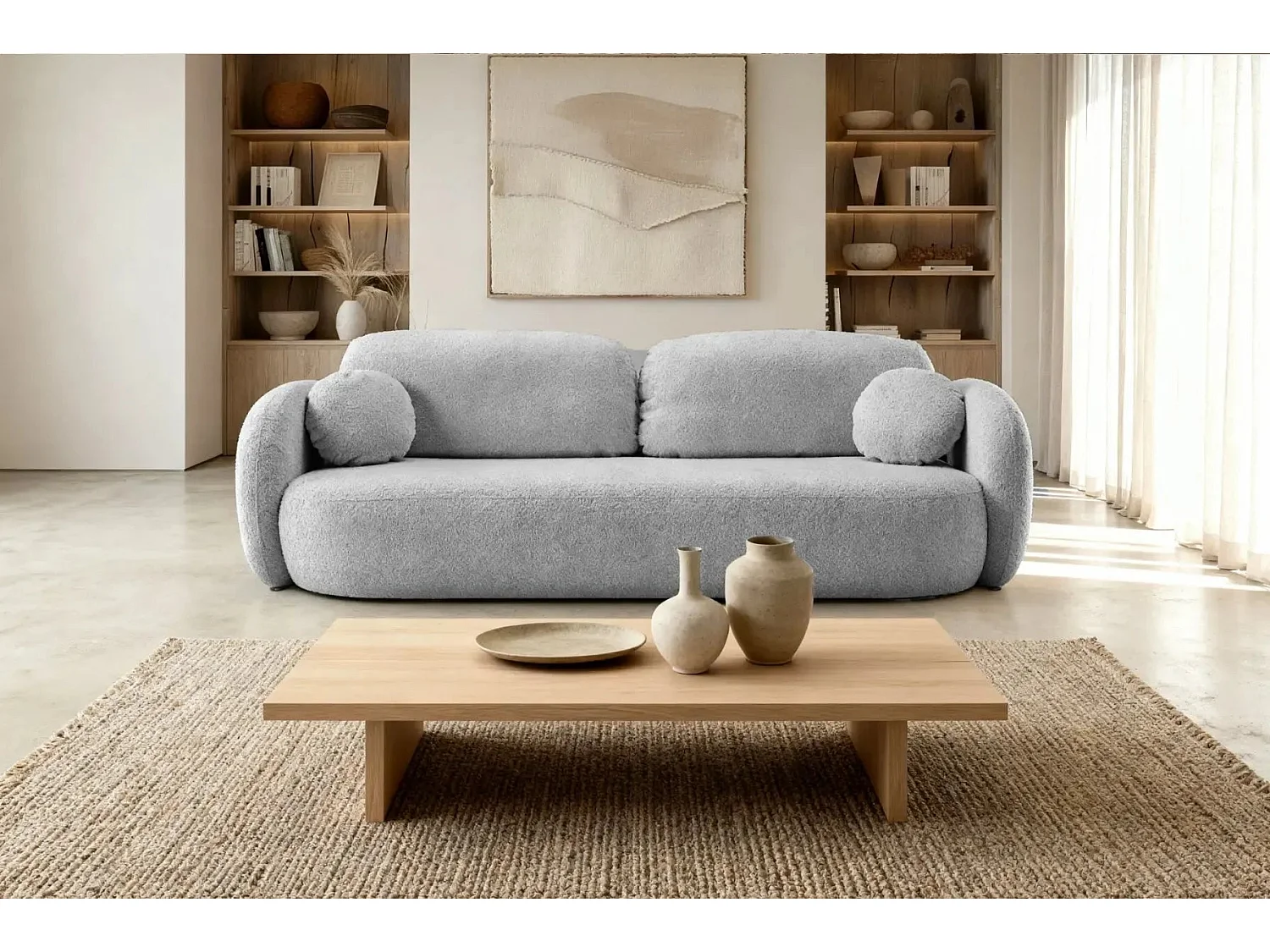 SANTIAGO - Canapé droit tissu bouclette - Gris Clair