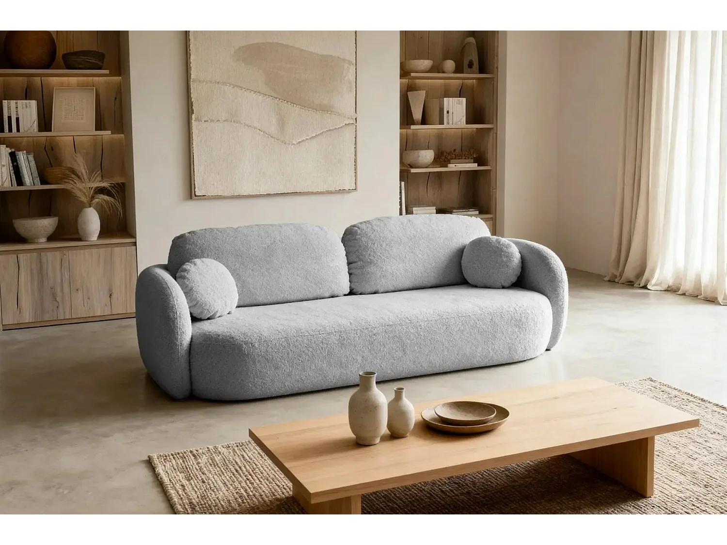 SANTIAGO - Canapé droit tissu bouclette - Gris Clair