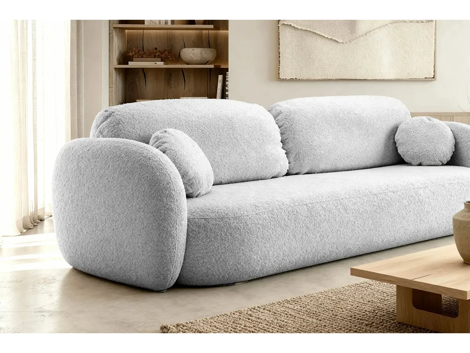 SANTIAGO - Canapé droit tissu bouclette 3 places - Gris Clair