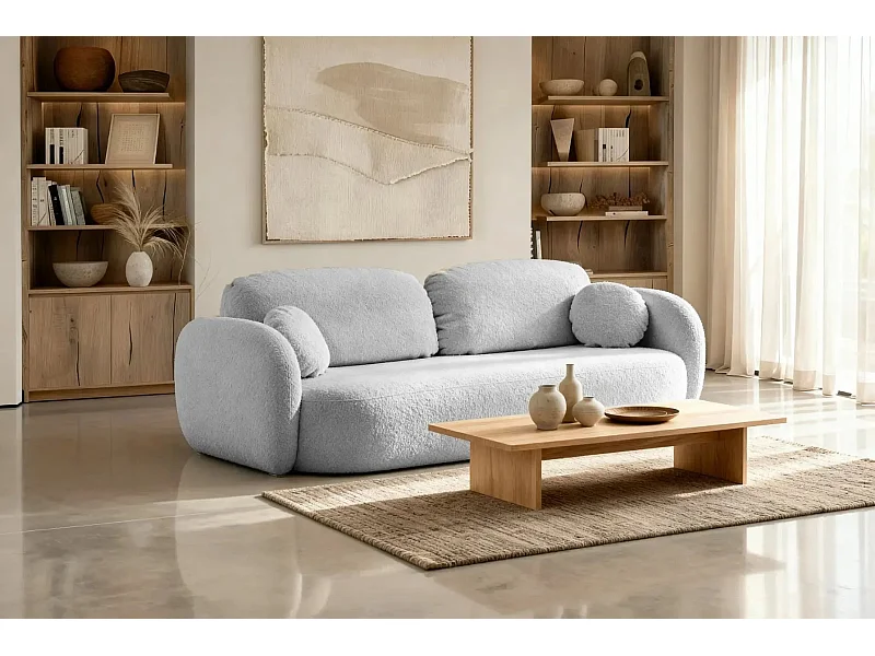 SANTIAGO - Canapé droit tissu bouclette - Gris Clair