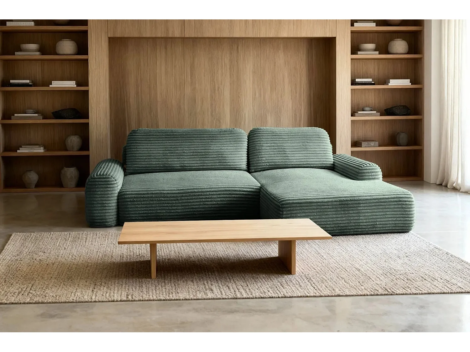 OLYMPE - Canapé d'angle velours cotelé - Vert - Droit