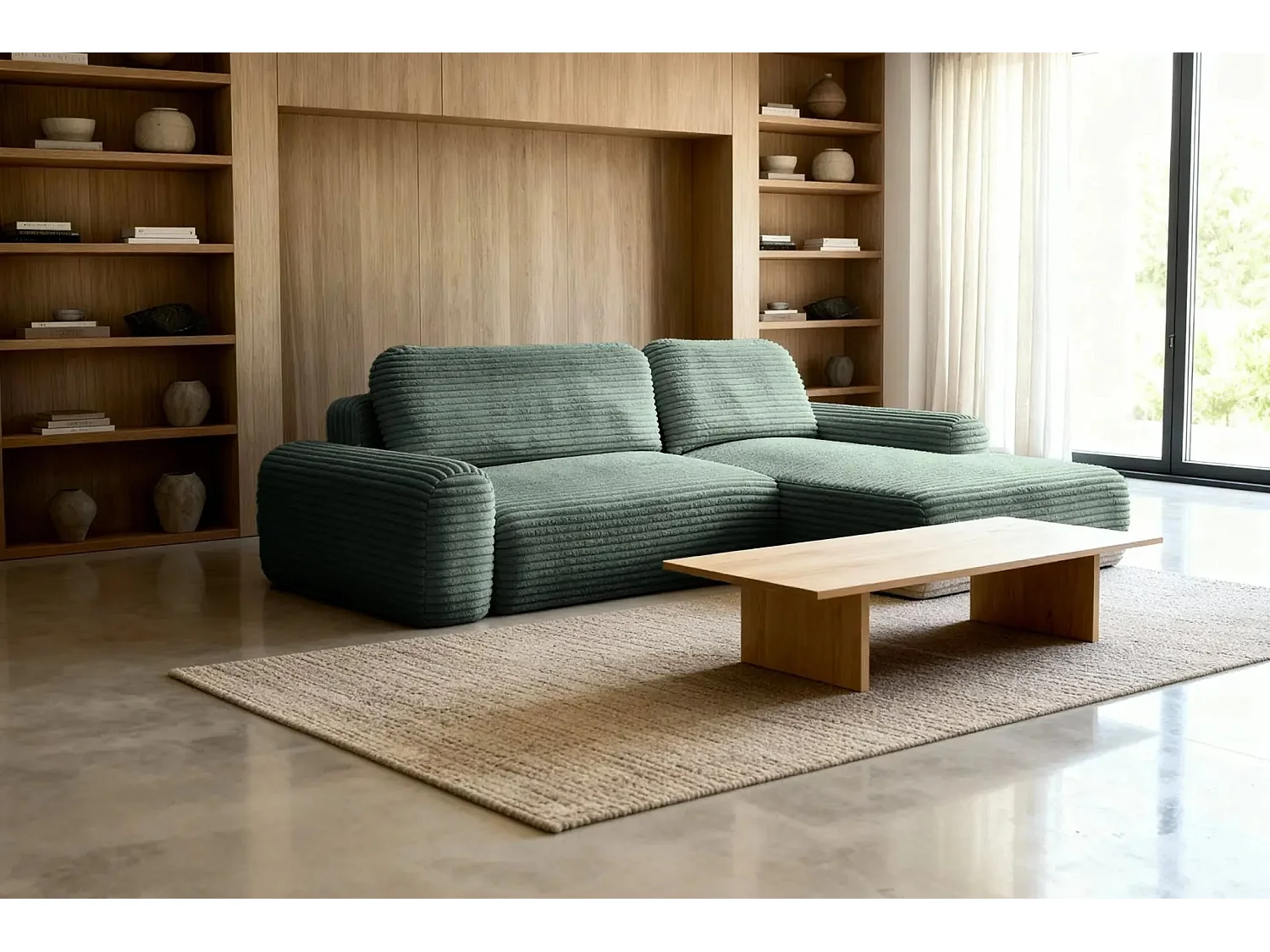 OLYMPE - Canapé d'angle velours cotelé 4 places - Vert - Droit