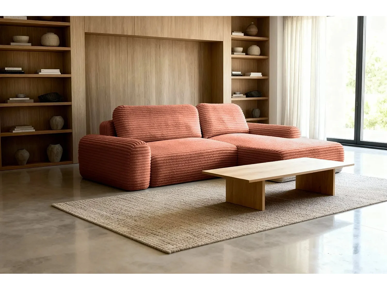 OLYMPE - Canapé d'angle velours cotelé 4 places - Terracotta - Droit