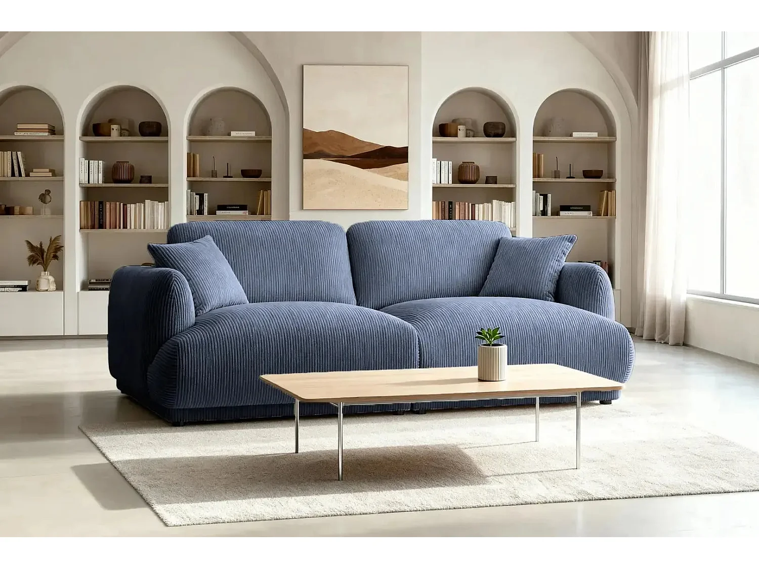 ROSALIE - Canapé droit 2 places velours cotelé - Bleu