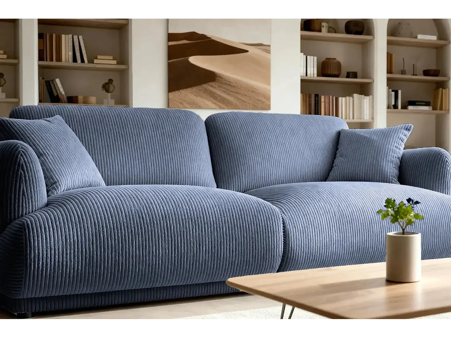 ROSALIE - Canapé droit 2 places velours cotelé - Bleu