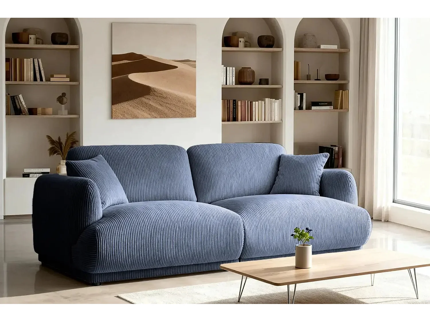 ROSALIE - Canapé droit 2 places velours cotelé - Bleu