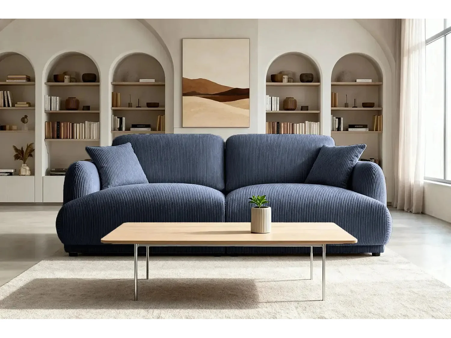 ROSALIE - Canapé droit 2 places velours cotelé 2 places - Bleu