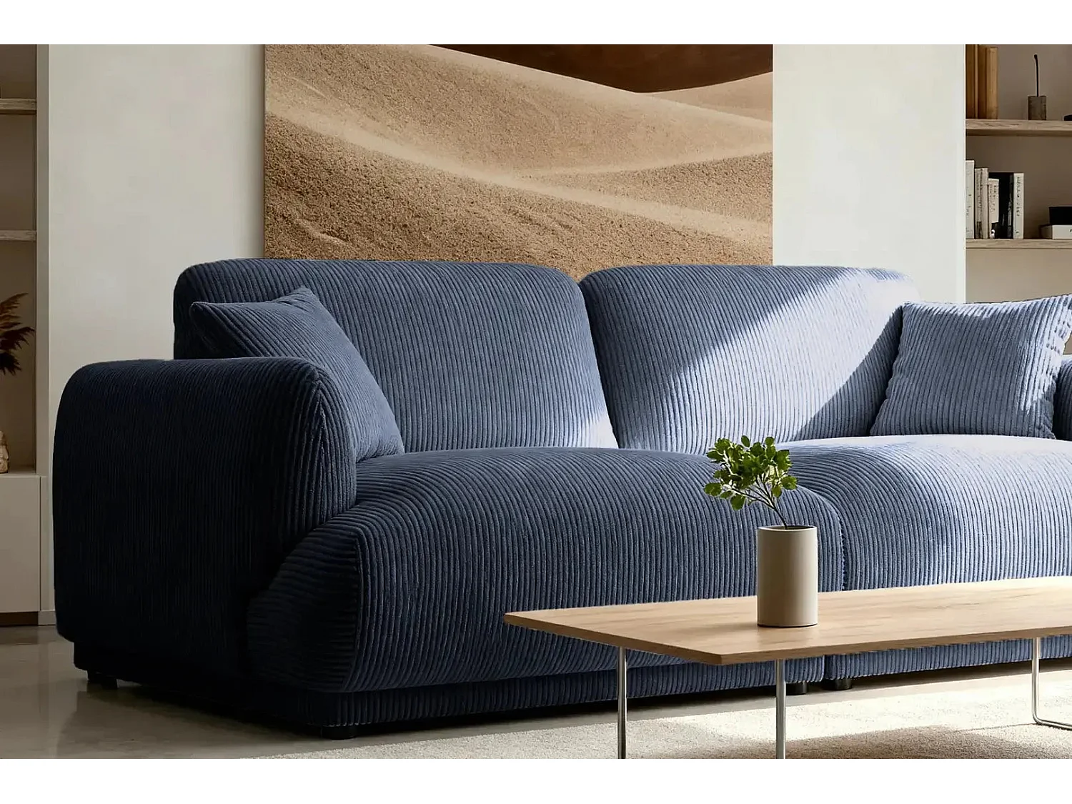 ROSALIE - Canapé droit 2 places velours cotelé 2 places - Bleu