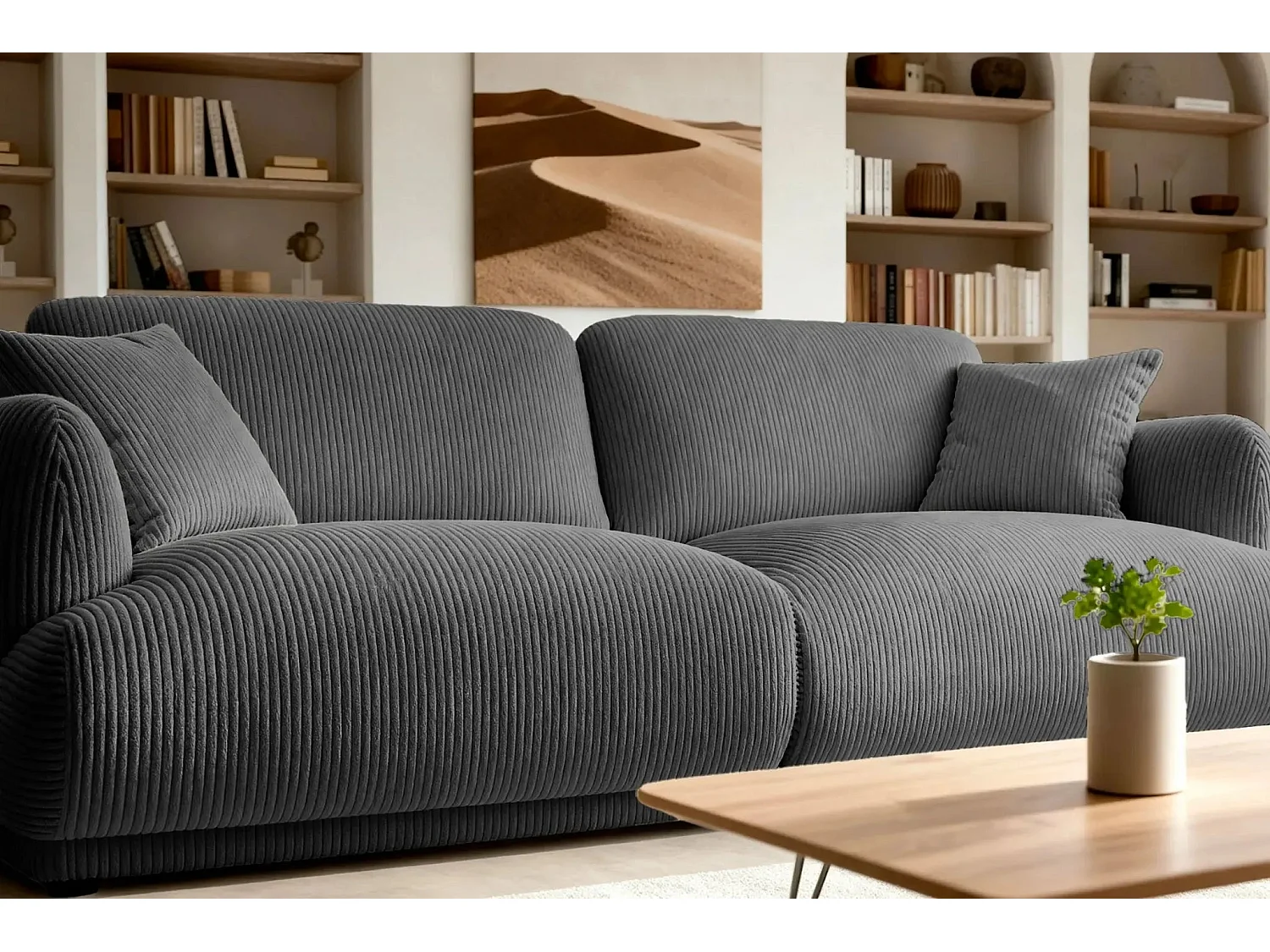 ROSALIE - Canapé droit 2 places velours cotelé - Gris Foncé