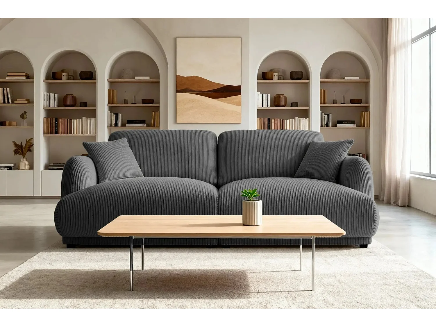 ROSALIE - Canapé droit 2 places velours cotelé - Gris Foncé