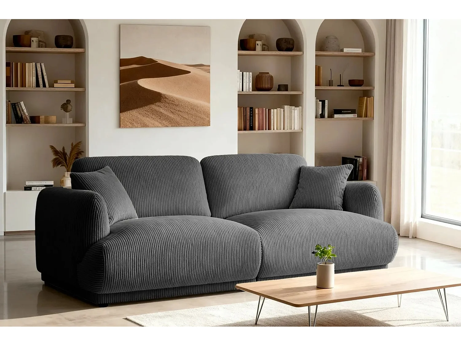 ROSALIE - Canapé droit 2 places velours cotelé 2 places - Gris Foncé