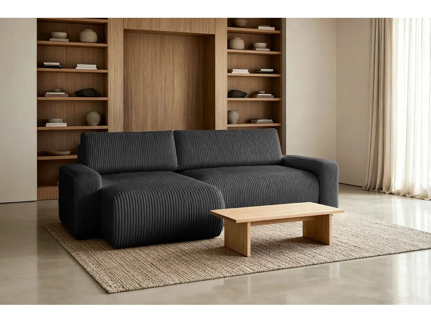 LUCIE - Canapé d'angle velours cotelé - Noir