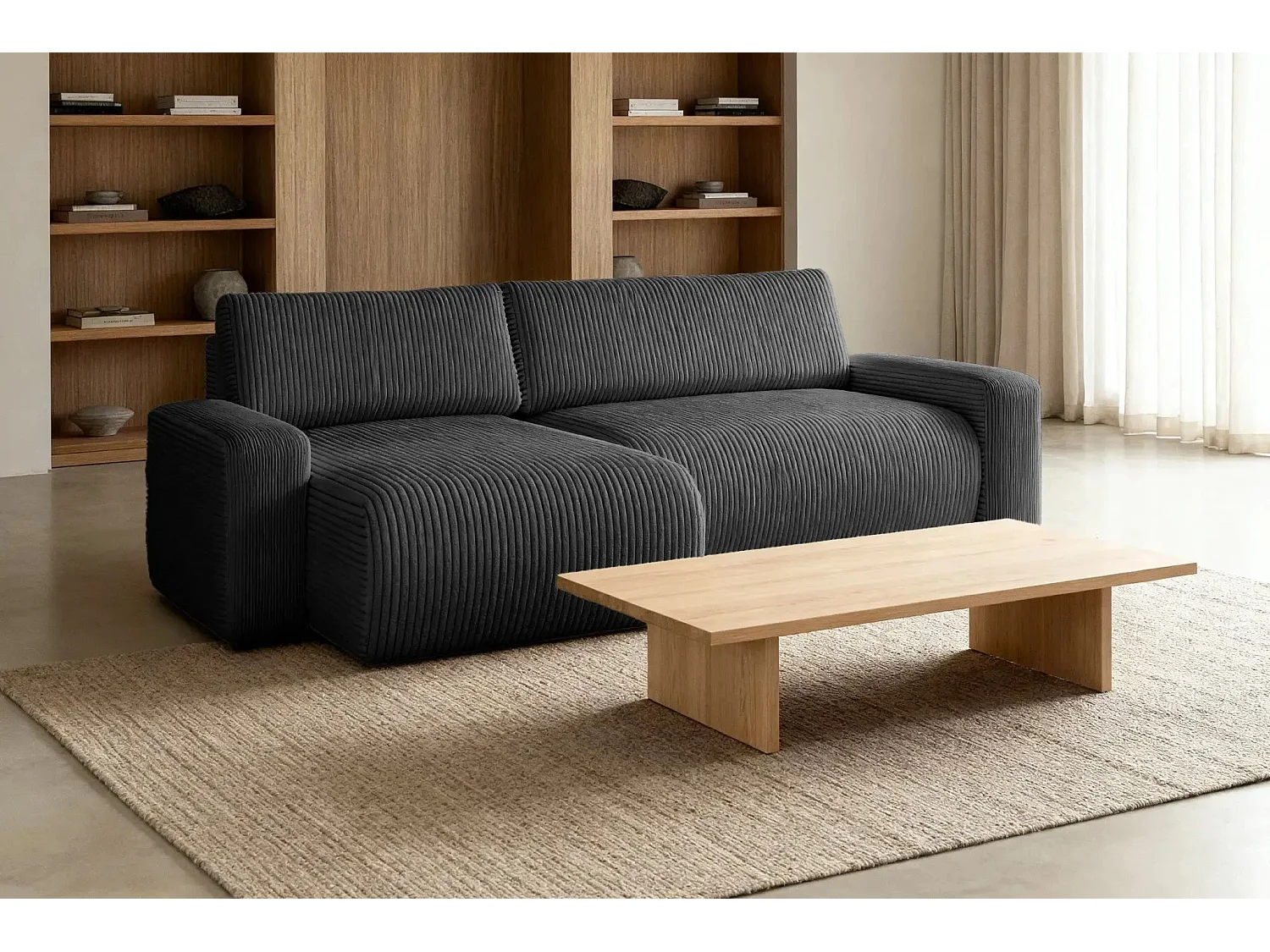 LUCIE - Canapé d'angle velours cotelé 4 places - Noir