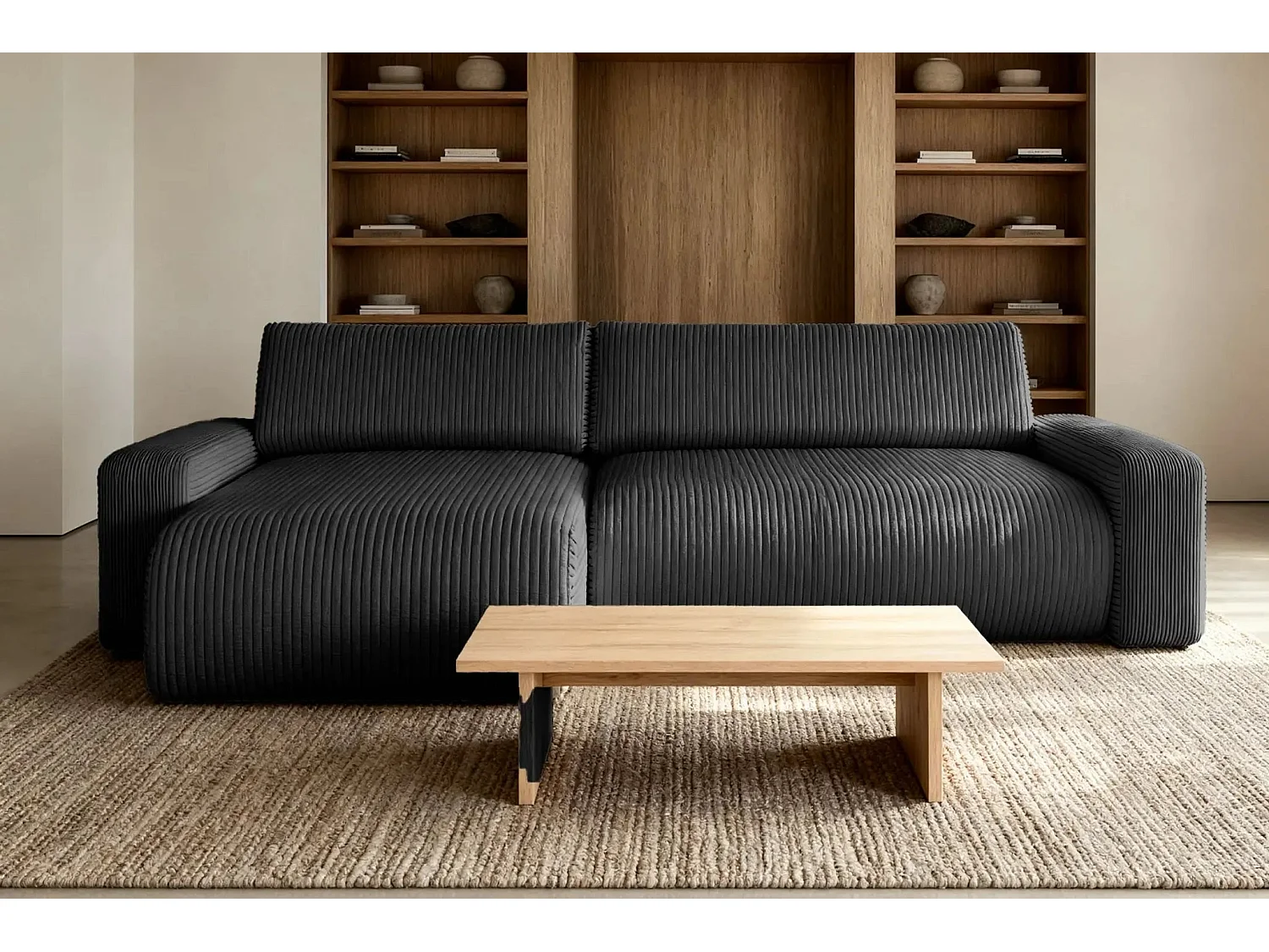 LUCIE - Canapé d'angle velours cotelé 4 places - Noir